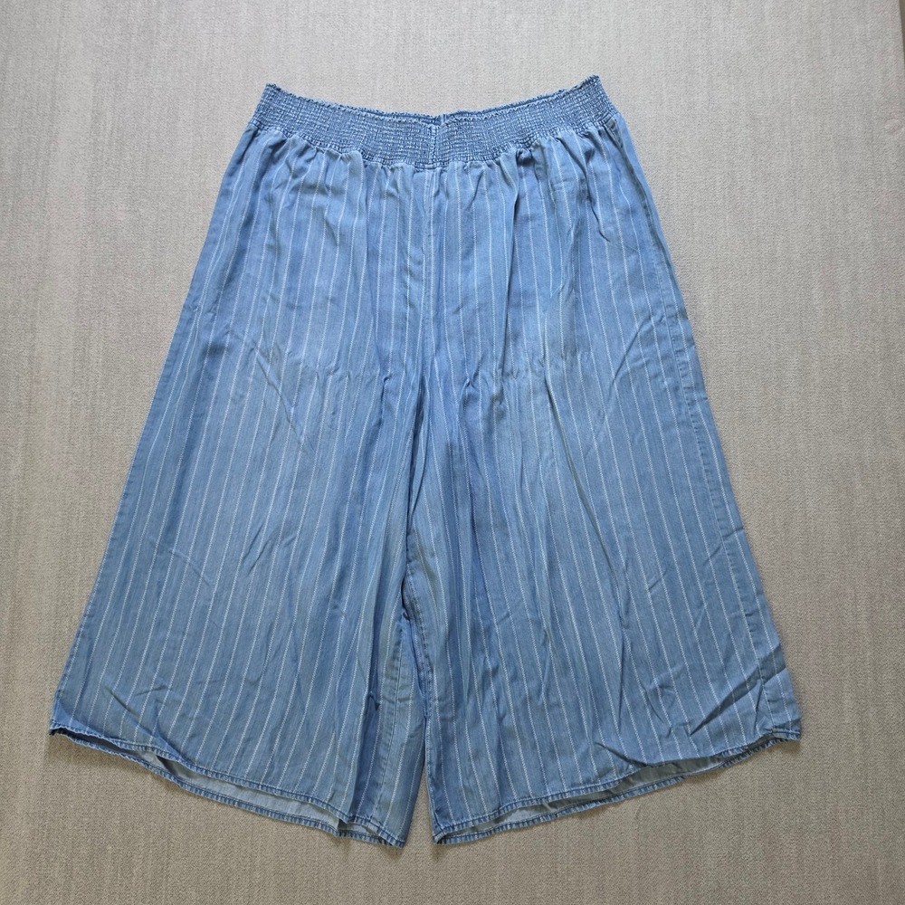 Oso Casuals Culotte Pants Women 2X Blue Pinstripe Smocked Waist Lyocell Wide Leg